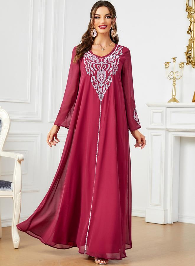 Take Two Women Embroidered V Neck Jalabiya with Hijab - Image 2